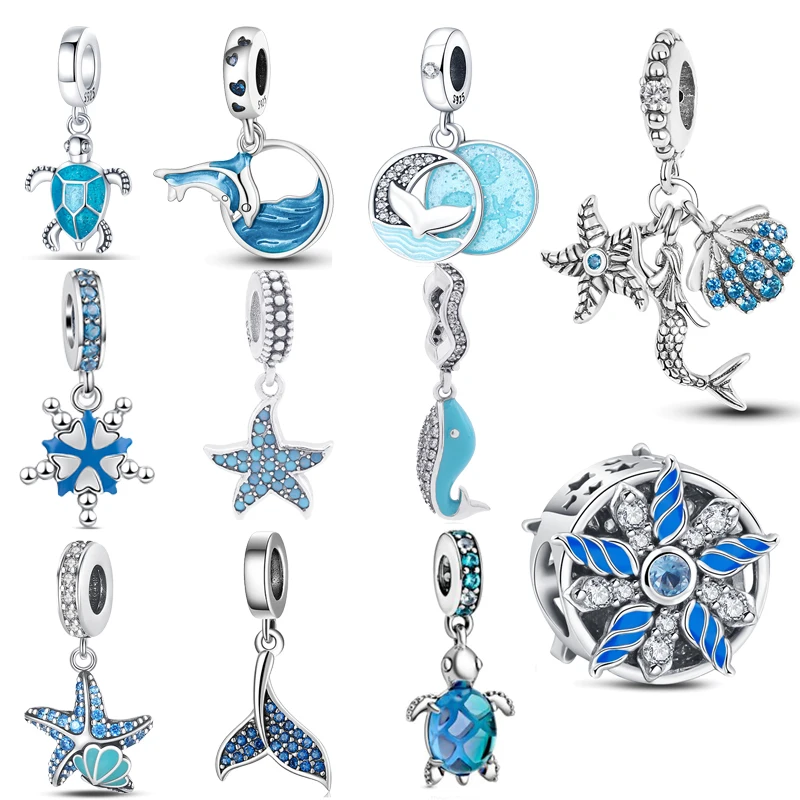 

925 Sterling Silver Cool Summer Ocean Blue Series Mermaid Starfish Sea Turtle Charm Fresh Beads Original DIY Bracelet Jewelry