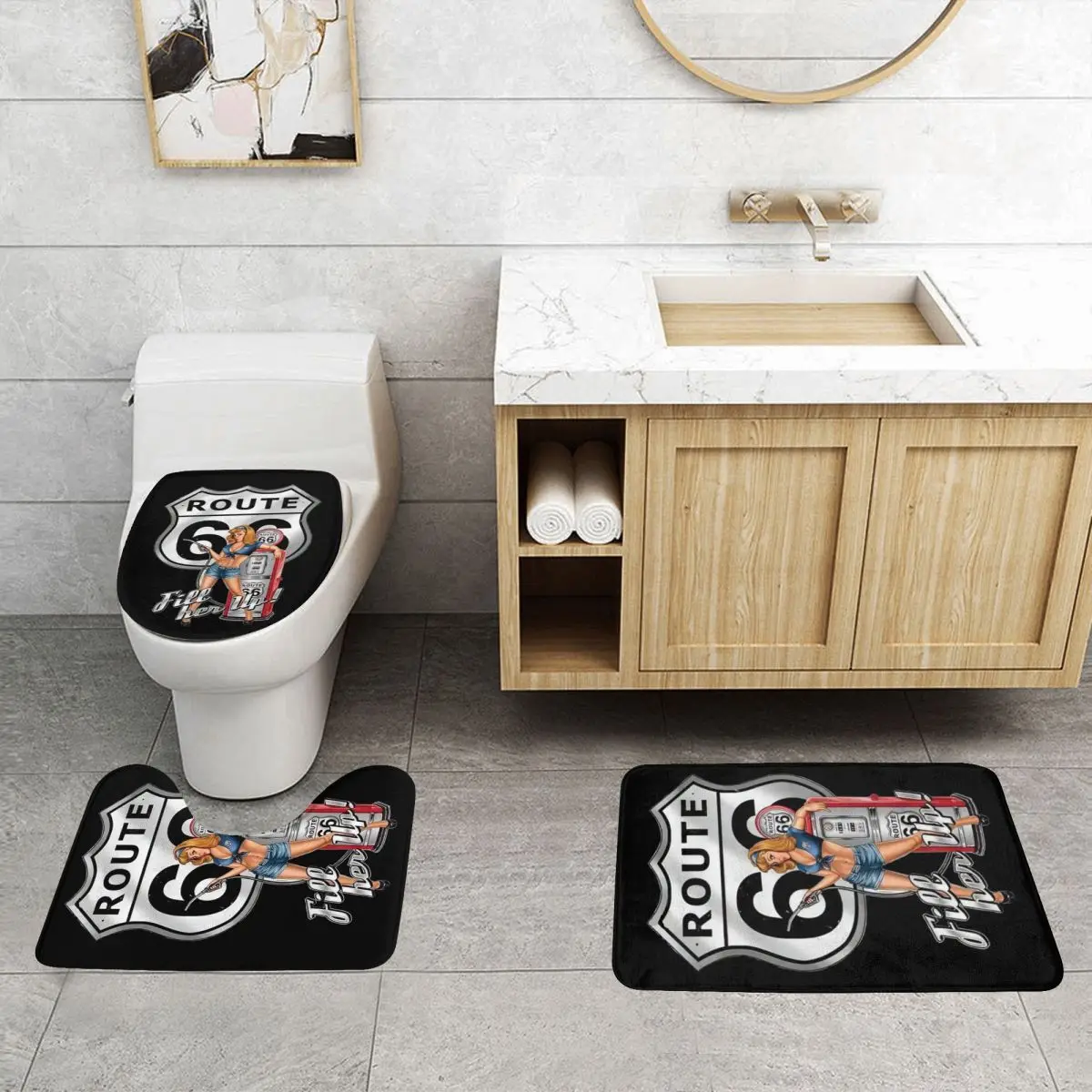 Custom Route 66 Gas Station Pin Up 3 Piece Bathroom Rugs Fill Her Up Non Slip Absorbent Toilet Bath Mat Set