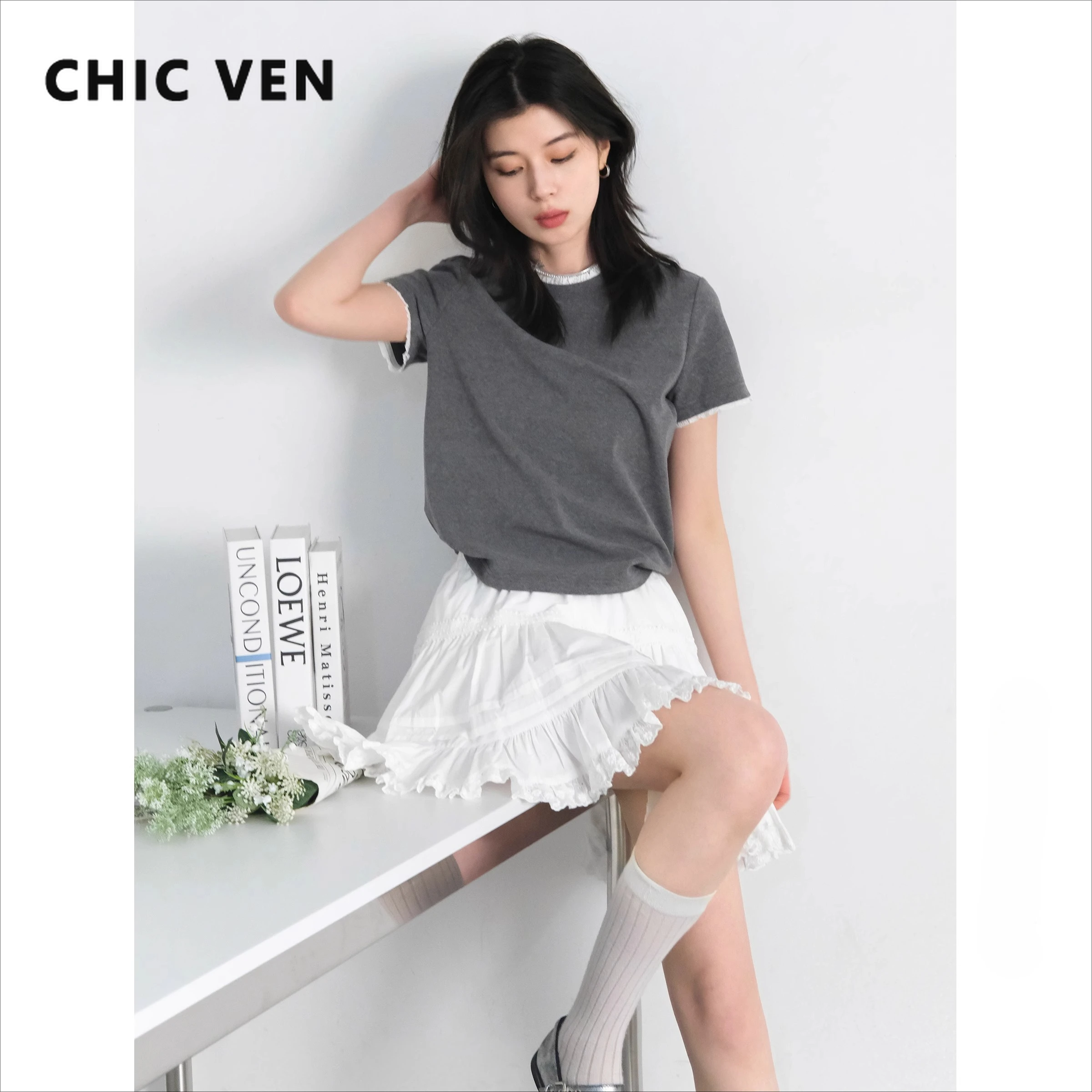 

CHIC VEN Fashion Women T-Shirts O Neck Slim New Lace Patchwork Short Sleeved Tees Casual Clavicle Line Female Top Summer 2025