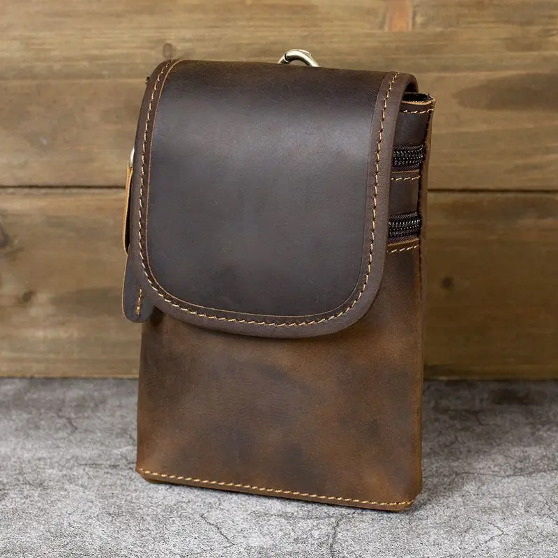 Genuine Leather Men's Crossbody Phone Waist Bag Vintage Cowhide Fanny Pack Belt-Style Mobile Pouch Bucket Shape Cotton 