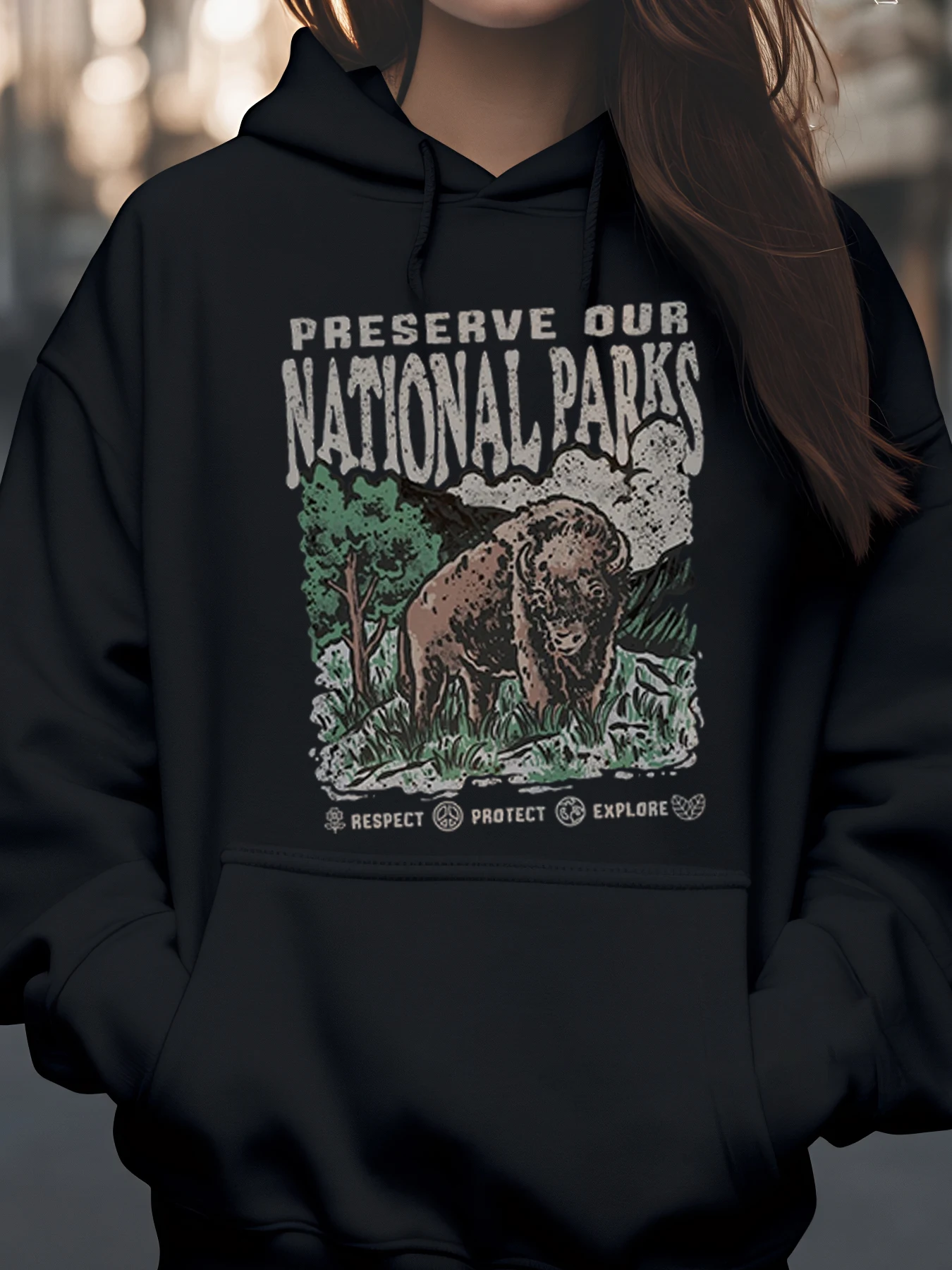 

Толстовка с принтом Bison National Parks, осенняя повседневная одежда унисекс для приключений на открытом воздухе