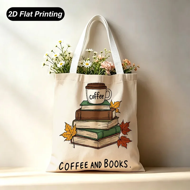 1PC【Tote Bag】2D Flat Effect Vintage Coffee Book Maple Leaf Print Tote Bag，Large Capacity And Durable，Adapted Shopping、Daily