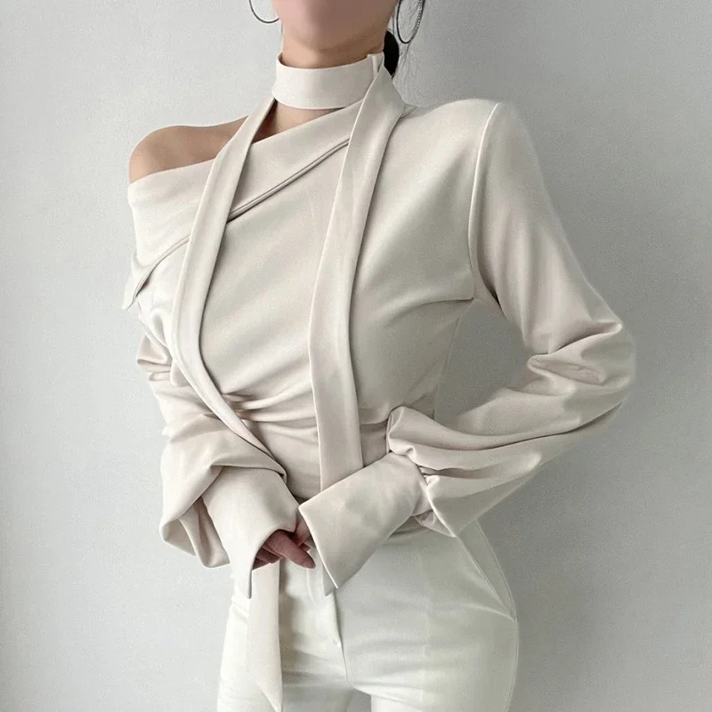 Skew Collar Halter Woman Shirts & Blouses Off Shoulder Long Sleeve Blusas Mujer 2024 Ropa Autumn New Camisas Ruched Blusa