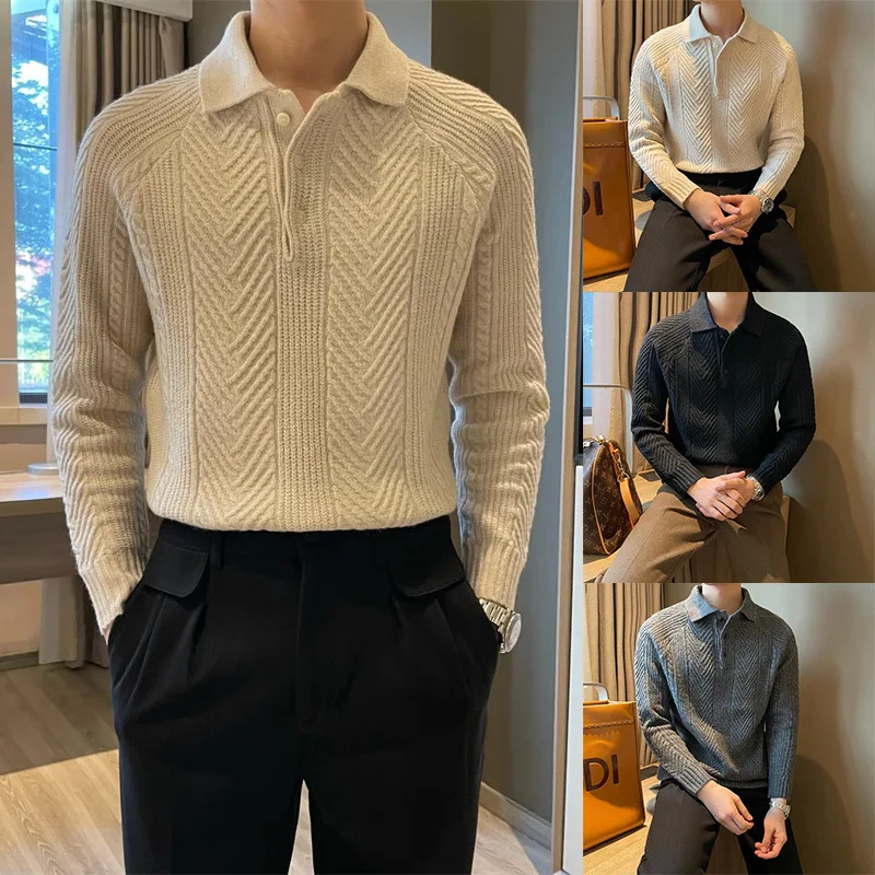 Top  selling Mens Long sleeve Knit Sweater in European Sizes  Large Size  Light  mature Style POLO Shirt Business casual for For