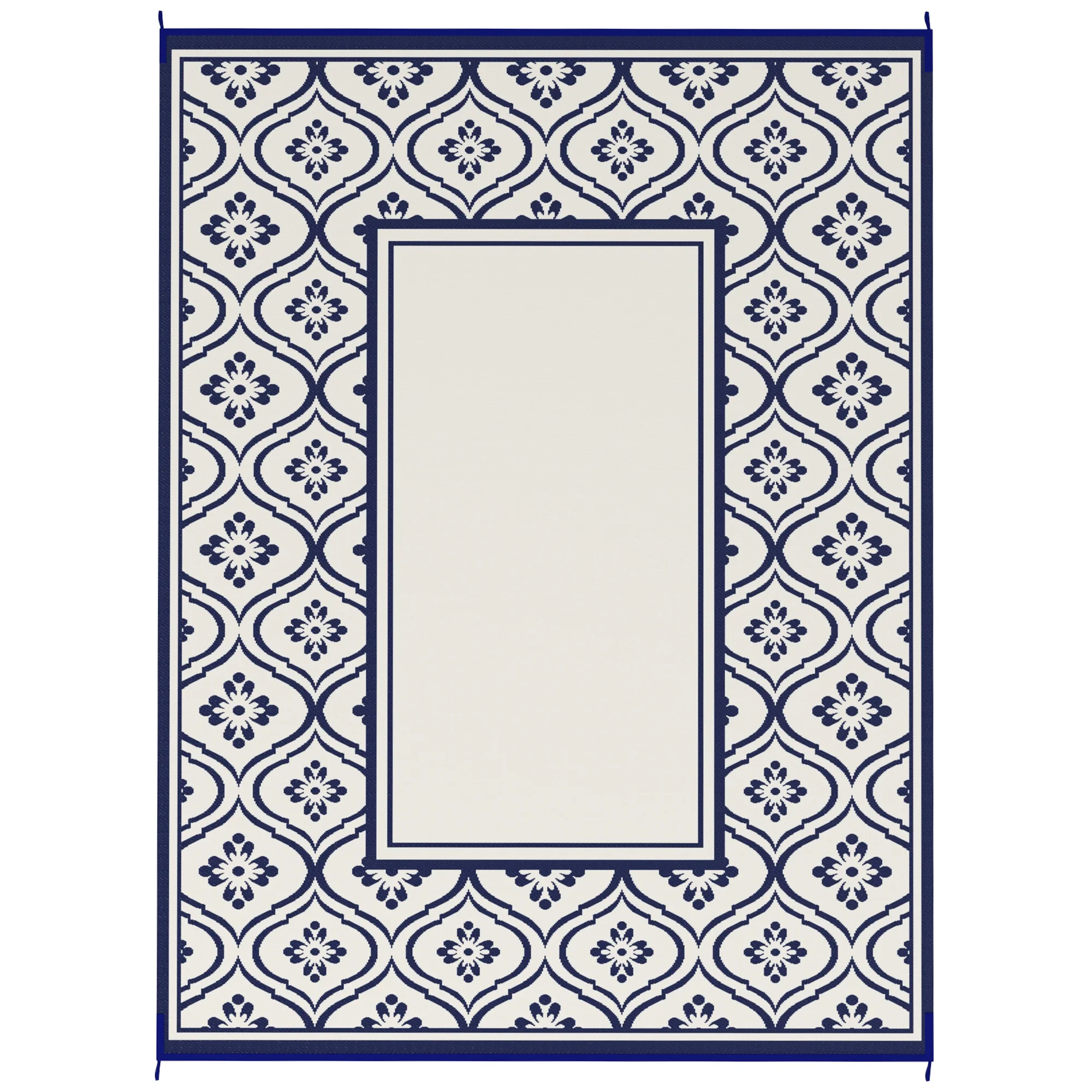 Reversible Outdoor Rug, Waterproof Plastic Straw with Carry Bag, 9' x 12', Blue & White Gourd Border