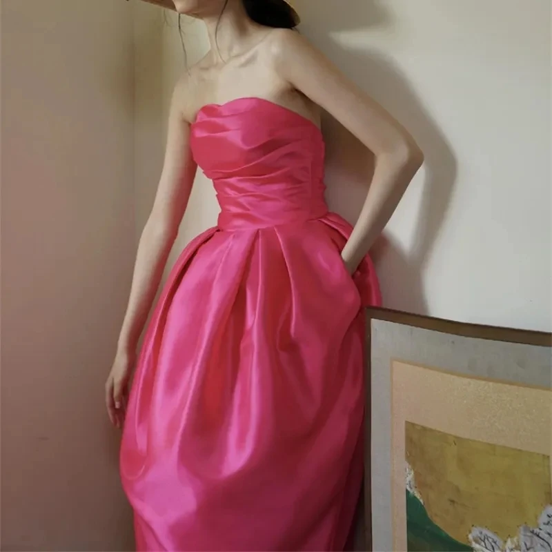 Hot Pink Off-Shoulder Strapless Flower Bud Evening Party Dresses Pleated Sleeveless Special Occasion Dress Formal Prom Gowns