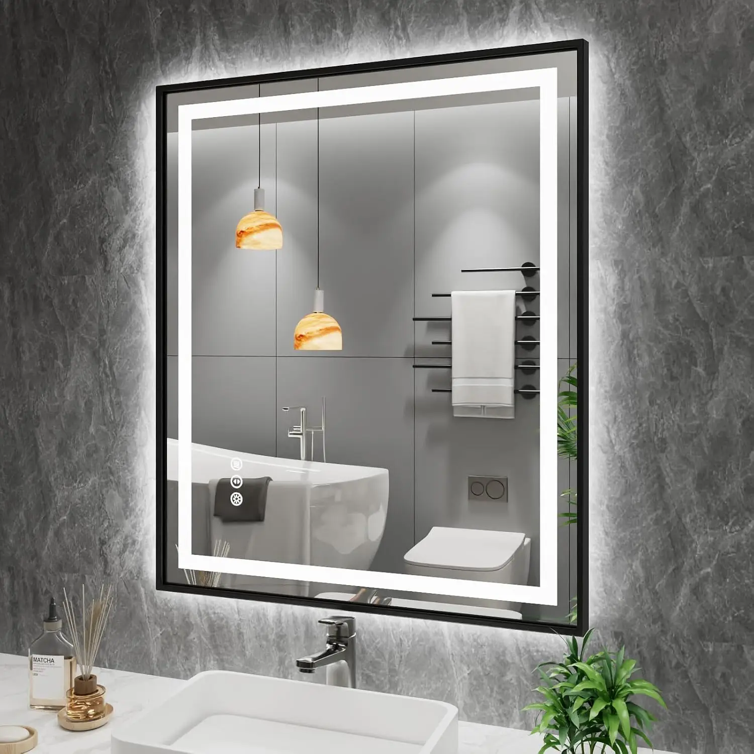 36 X30 Inch LED Bathroom Mirror Black Frame Front Lit Backlit Metal Framed Stepless Dimmable HD Reflection Anti Fog Shatter Proo