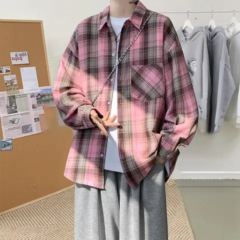 하라주쿠 긴 소매 격자 무늬 셔츠 남성 빅 사이즈 M-5XL 가을 세련된 루즈 빈티지 하이 스트리트 올 매치 신사 Camisa