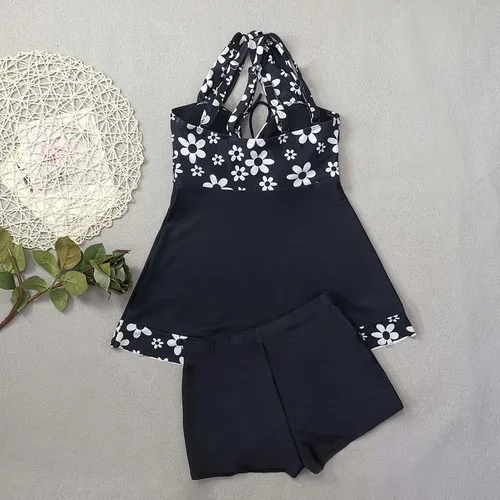 Imagen 2 del producto Traje de baño Tankini con estampado de flores negras, conjuntos de Bikinis para mujer, traje de baño Sexy con cuello Halter, ropa de playa, traje de baño, Bikini para mujer 2025