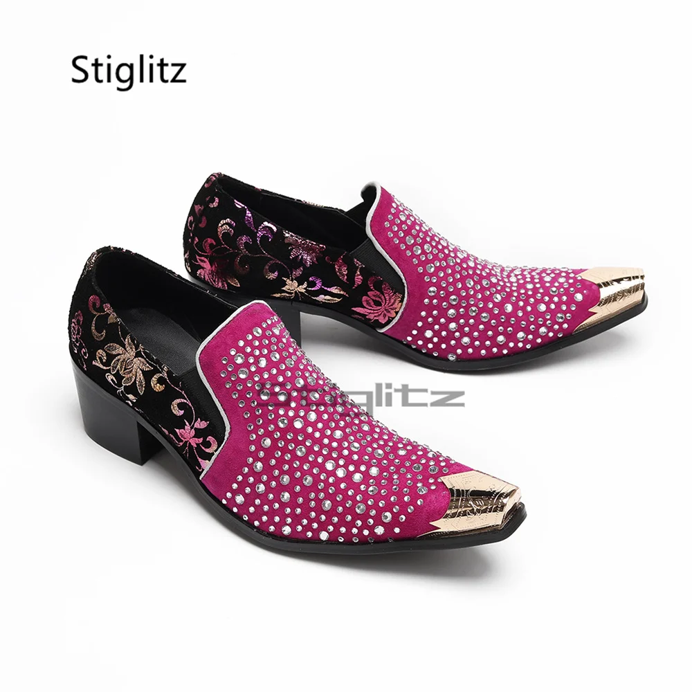 Men Fuchsia Rhinestone Loafers Metal Pointed Toe Floral Prints Patchwork Block High Heels Slip On Party Leather Dress Shoes