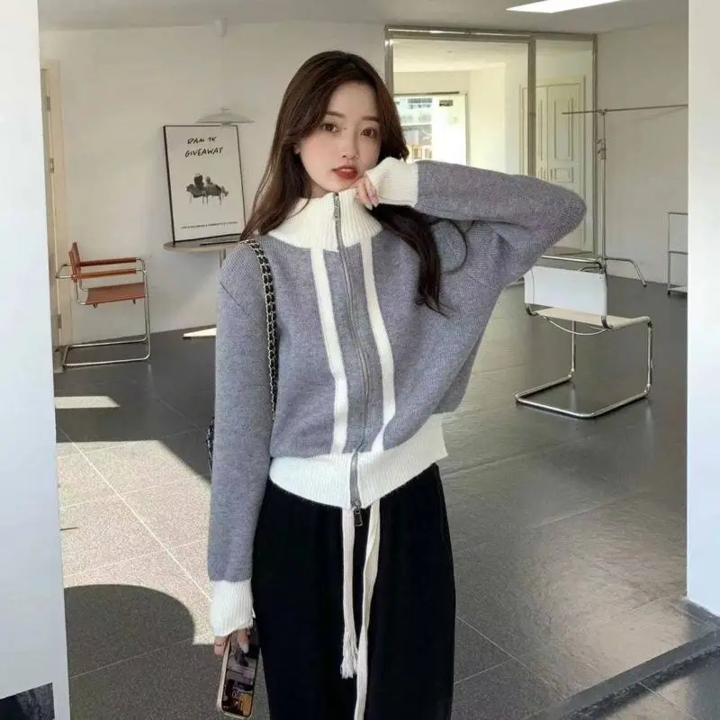 

Women Clothing Autumn Winter Fashion Simplicity Zipper Solid Color Stand-up Collar Women Knitting All-match Appear Thin Cardigan