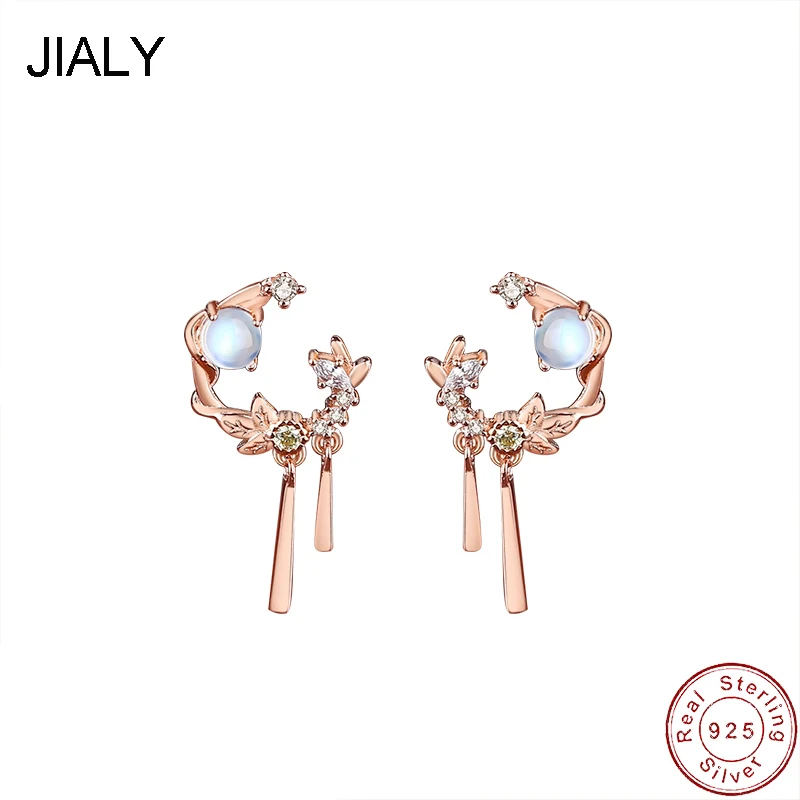 JIALY European S925 Sterling Silver Stud Earrings AAA CZ Rabbit Moon For Women Birthday Party Gift Jewelry