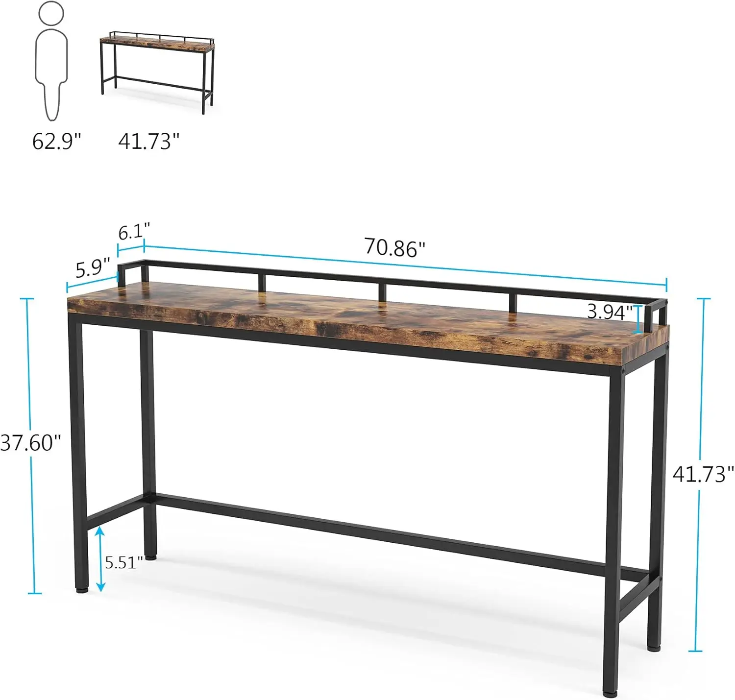 70.9 inch Extra Long Sofa Table, Narrow Console Table Behind Couch, Rustic Industrial Entryway Table Skinny Hallway Table for