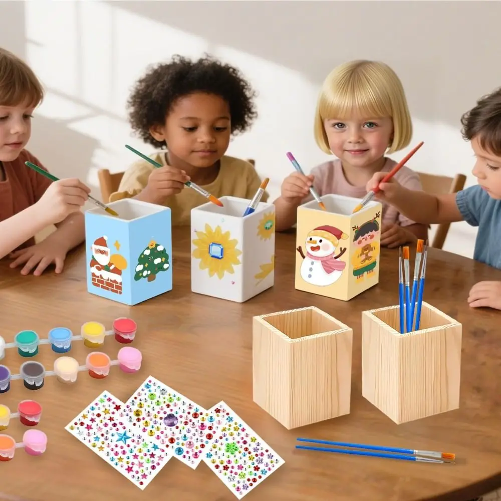 Multi-functional Wooden Pen Holder DIY Painting Round/Hexagonal/Square Pen Container Makeup Brush Holder School Office