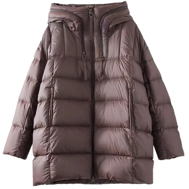 Warm Mid Length Down Jacket Women Double Stand Collar Zipper Oversize Insulated Lightweight Outerwear Trendy Fall Winter