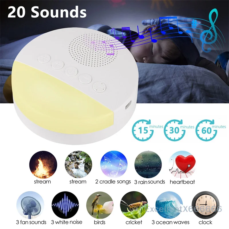 

1200mAh Portable USB Rechargeable White Noise Machine With Night Light, 9 Soothing Sounds, Timer Shutdown For Home/Office Use