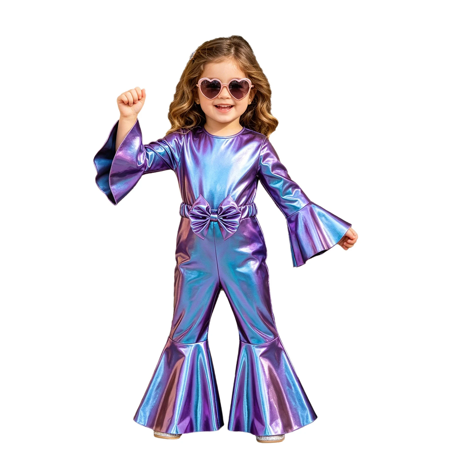 Baby Girls Disco Theme Party Jumpsuit Metallic Shiny Zipper Flared Rompers with Bow Belt Birthday Parties Photo Shoot Costume