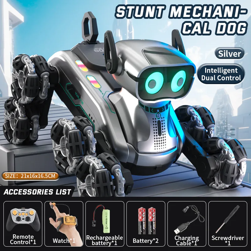 Chien robot cascadeur RC-contrôle gestuel, 8 roues tout-Terrain, animal de compagnie musical LED avec bras oscillants, jouet intelligent pour enfants