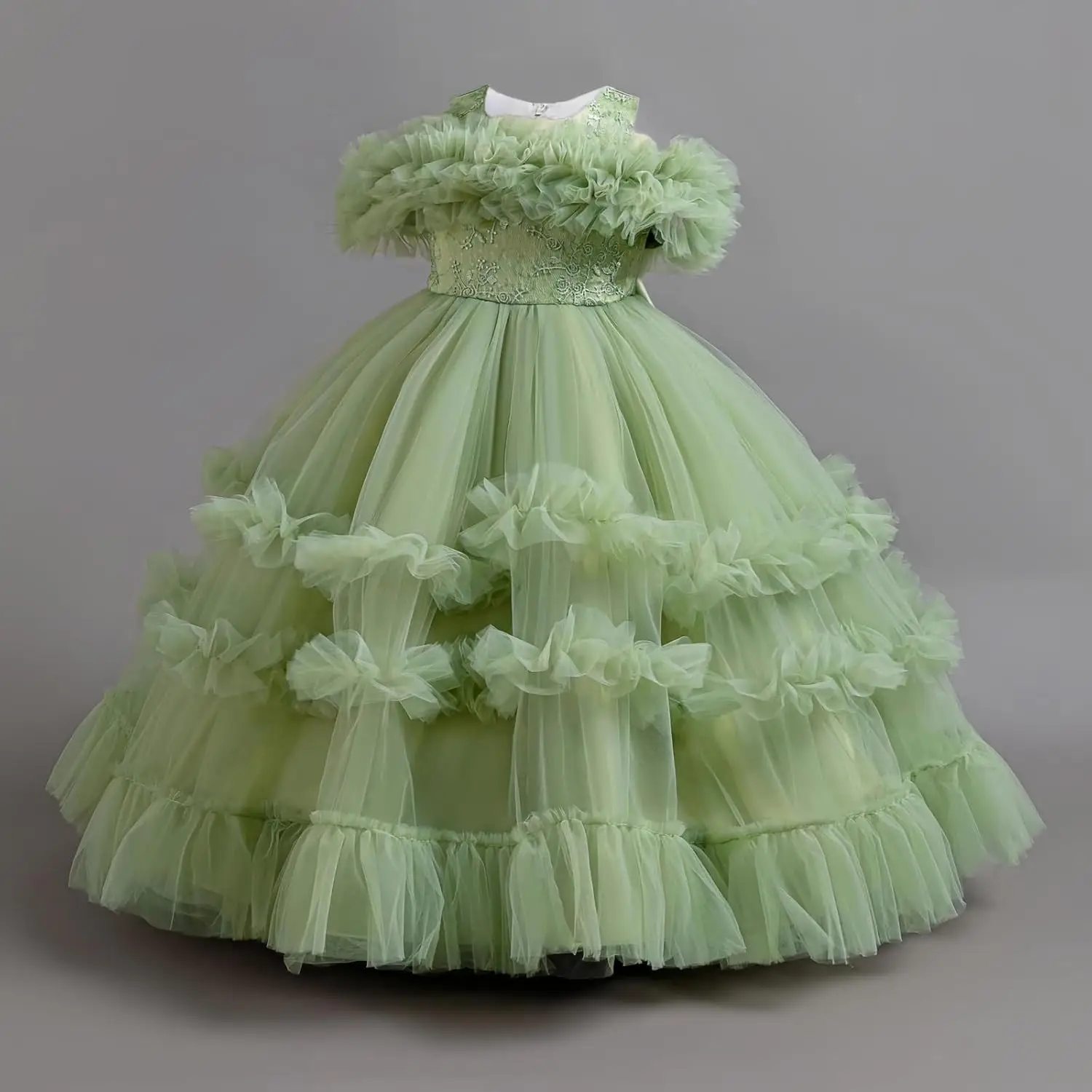 얇은 거즈 플라워 걸 드레스 레이어드, 푹신한 러플 밑단 드레스, 어린이 첫 영성체 드레스, 생일 파티 댄스 드레스