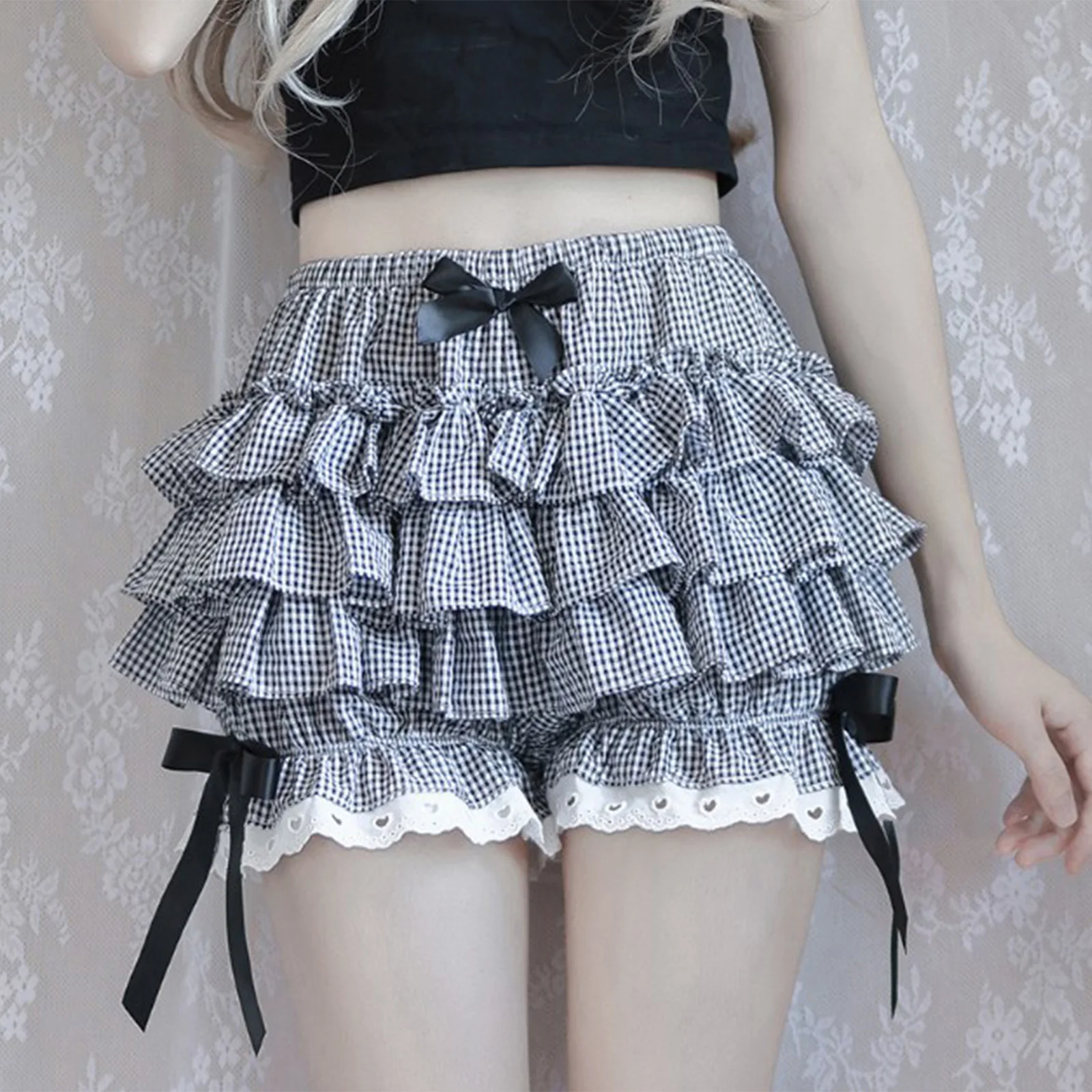 Women Girls Bowknot Frilly Lace Ruffle Pumpkin Bloomers Victorian Bloomer Shorts Lolita Vintage Gothic Pantaloons Costum