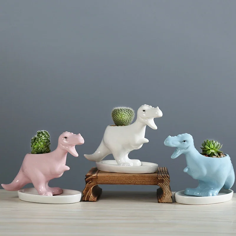 

Tyrannosaurus Rex Ceramic Planter with Tray, Creative Dinosaur Flower Pot for Succulents, Animal Garden Pots Home Desktop Decor