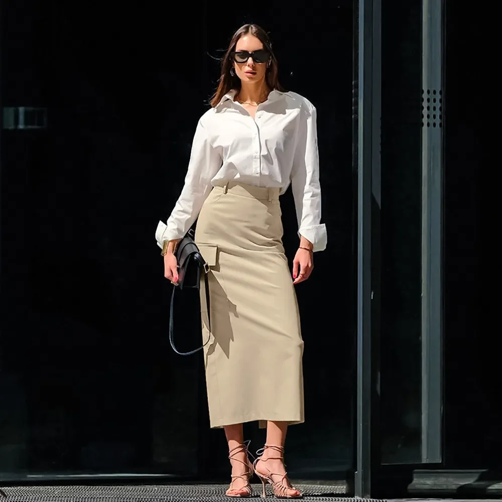 Leisure Cool Silk Cotton Butt Wrapped Back Fork Straight Skirt Spring and Summer Women's Simple Versatile Office Casual Skirt