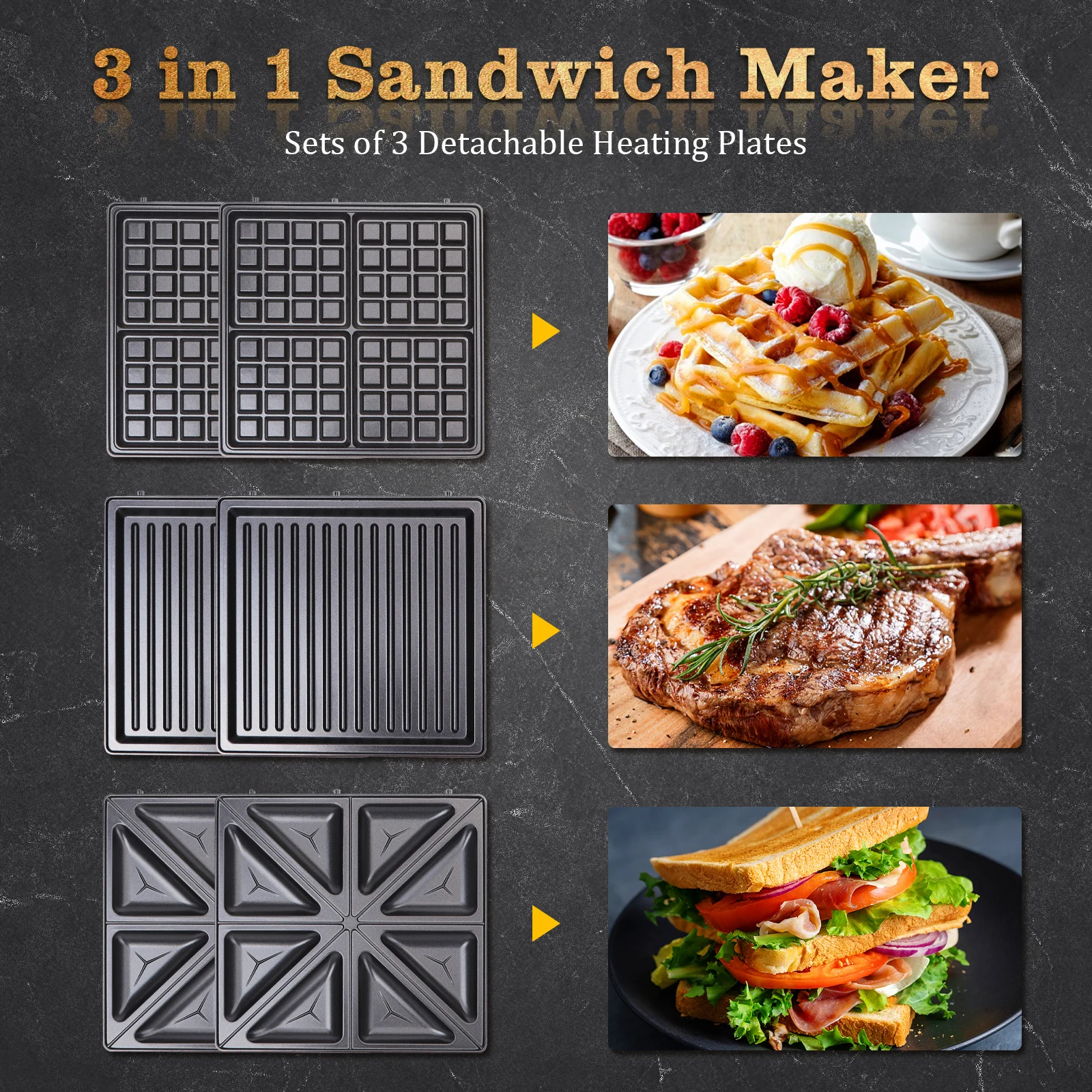 3 in 1 Sandwich Maker Waffle Panini Press Capacity 4 Sandwiches Easy Removable Plates 180 ° Twist Cooking Fully BPA Free 1200W