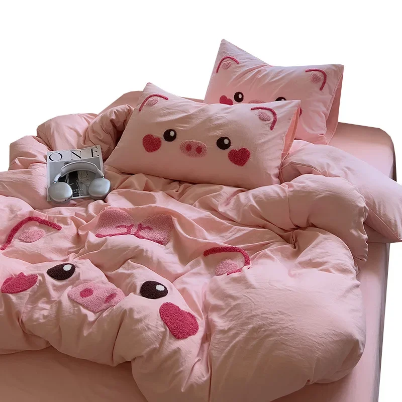 Cute Pig Bedding Set Embroidery No Filler Soft Ins Single Queen Size Duvet Cover Flat Sheet Pillowcase Girls Home Bed Linens 4