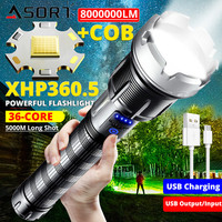 8000000LM XHP360+COB Powerful LED Flashlight Aluminum Torch With USB Charging Long Range Camping Zoom Lanterns