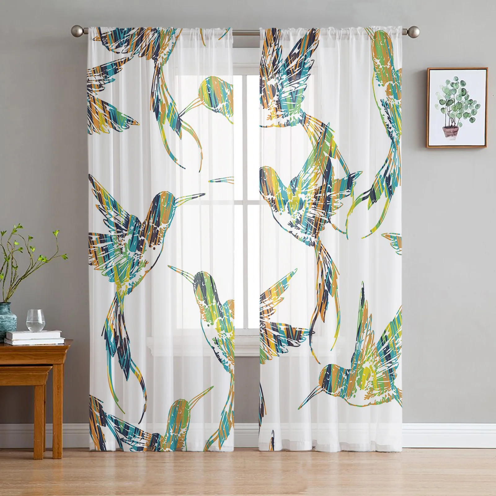 Abstract Hummingbird Tulle Curtains Living Room Kitchen Chiffon Curtain Bedroom Balcony Sheer Curtain Fashion Home Decor