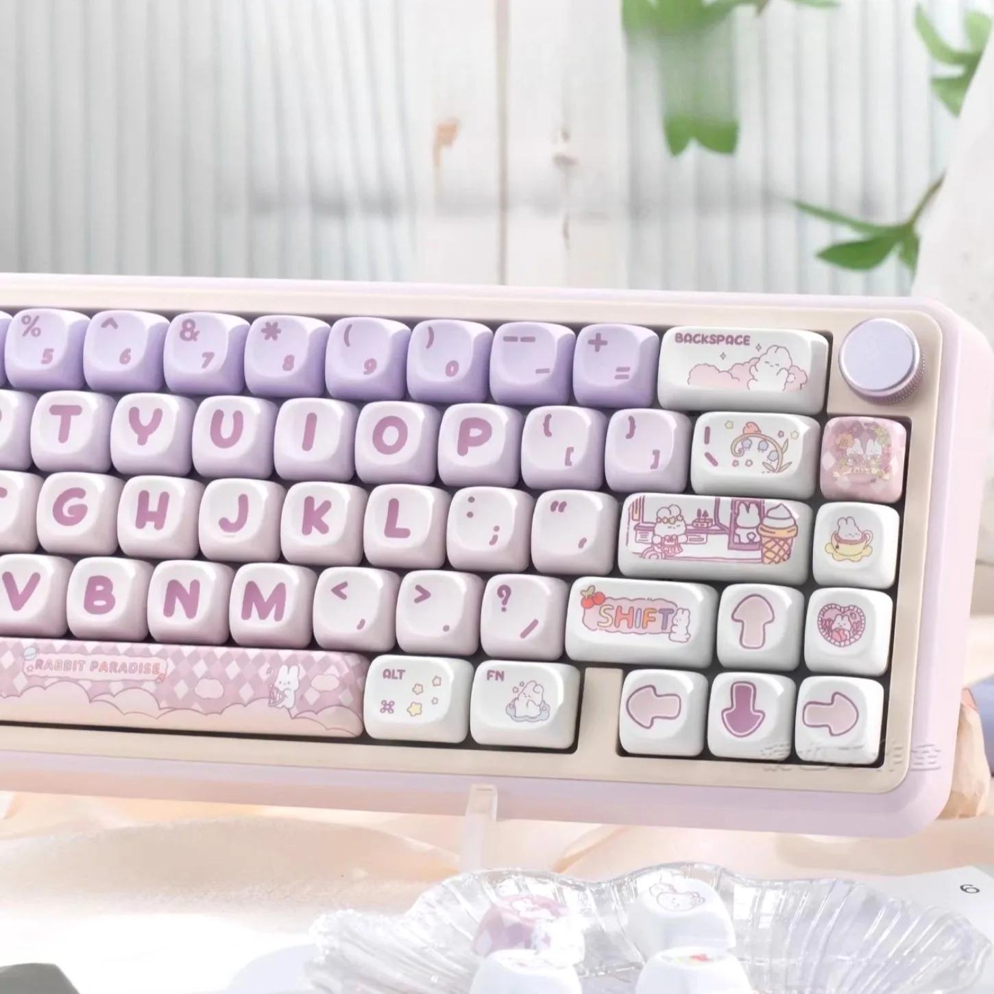 Little Rabbit Purple MOA Cute Keychain Kit PBT 142 Key Suitable for 60/64/84/98/108 Girls Magnetic Axis Mechanical Keyboard