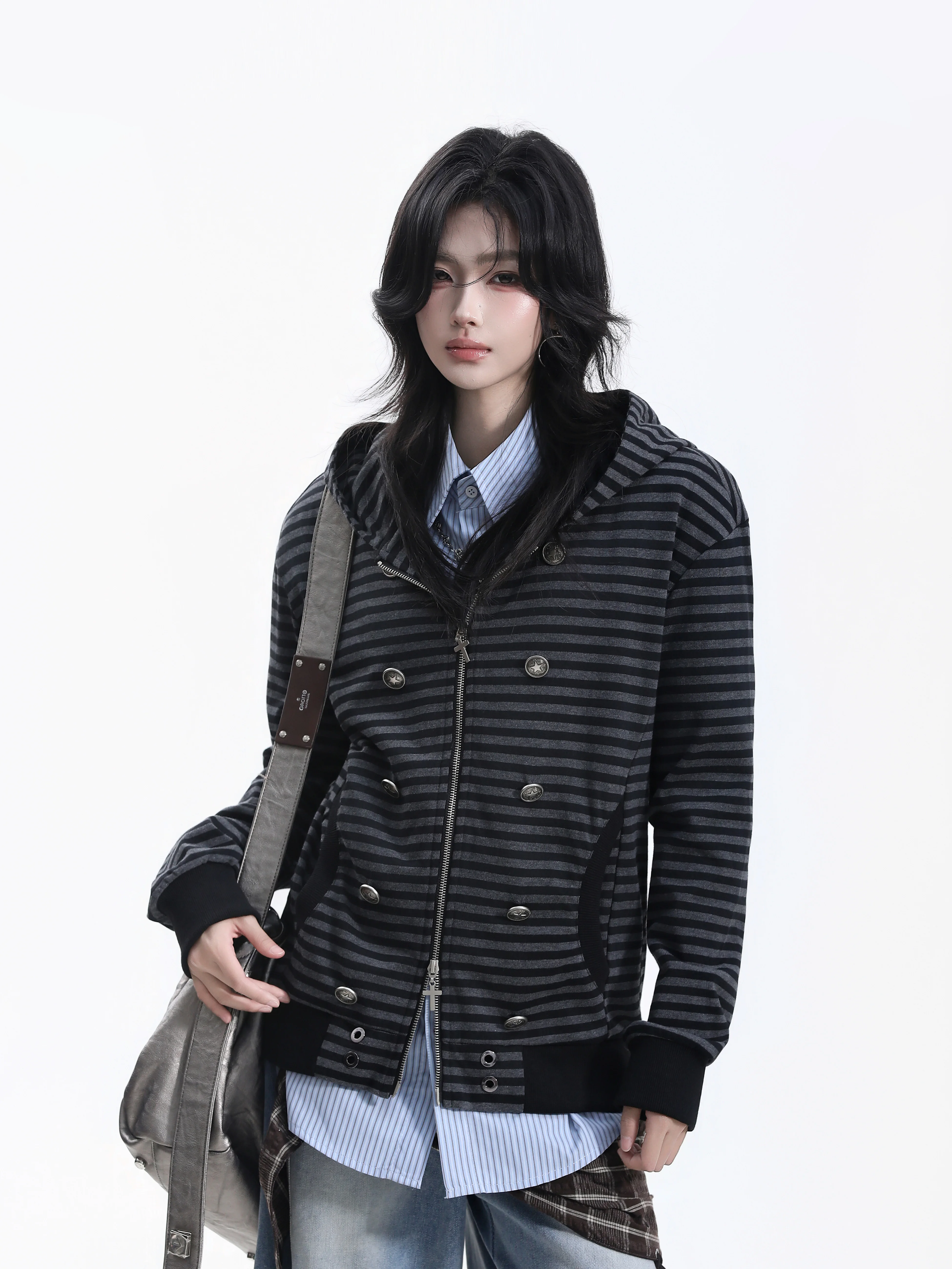 Vintage Striped Rivet Hooded Open Cardigan Sweatshirt Women Loose High Street Oversized Neutral Style Jacket Cotton 100% Long...