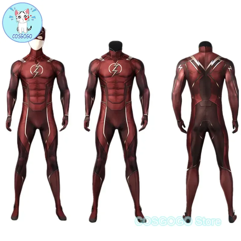 COSGOGO disfraz rojo de Halloween Barry Allen, traje de Cosplay para hombres adultos, traje Zentai, mono rojo y tocado, disfraz de cómic Con