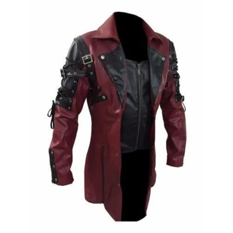 

Plus Size Men's Clothing Punk Men's Gothic Trench Coat Leather Jacket Lapels Long Sleeves Lace Up Designs Casual Men PU Jackets