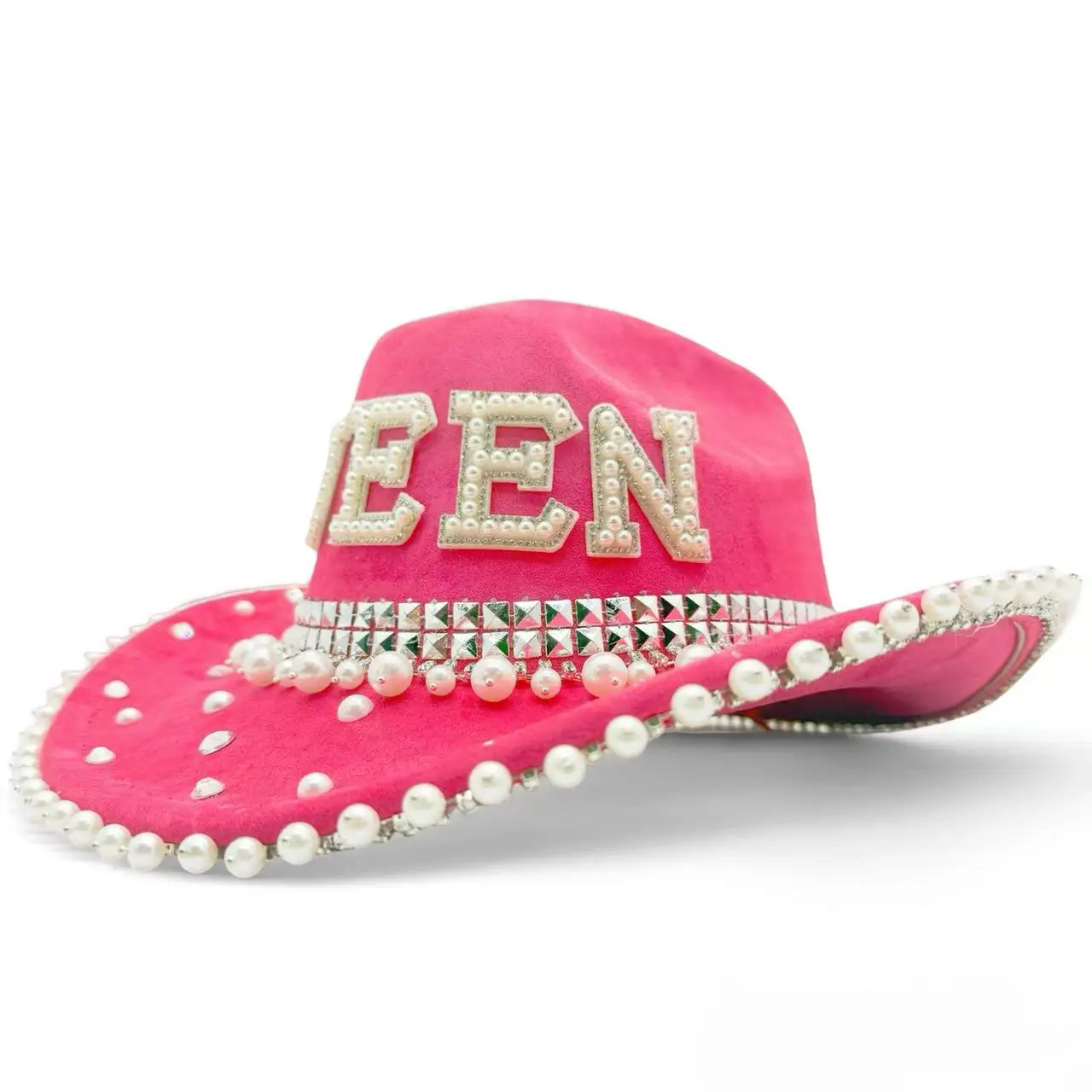 หมวกแฟนซีสีชมพูประดับกลิตเตอร์และคริสตัลสำหรับผู้หญิง ฮงหลวน หมวกคาวบอยสำหรับคอสเพลย์ผู้หญิง และหมวกคาวเกิร์ล