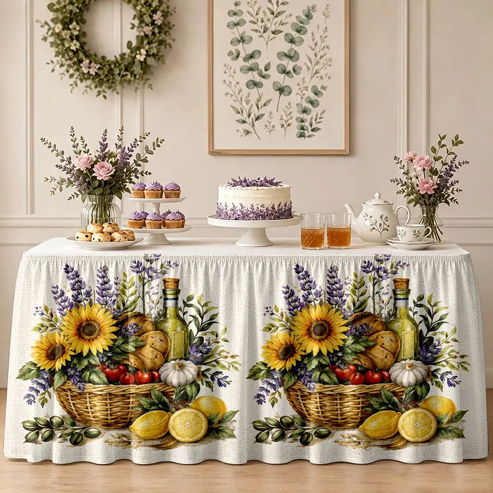 One-piece party table skirt decoration - Sunflower and lavender basket still life print ruffled tablecloth border