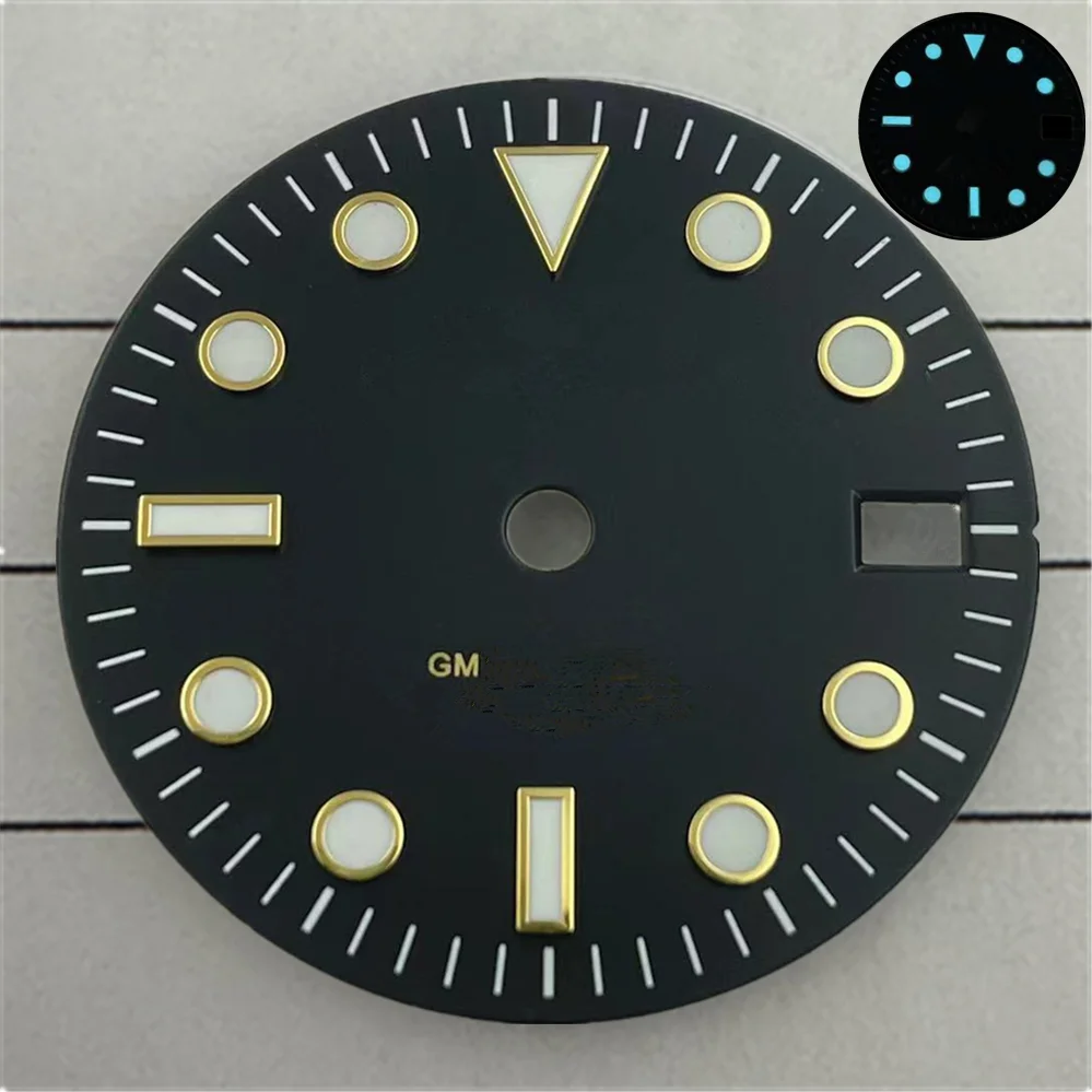 28.5mm Dial Green/Ice Blue Luminous Fit GM T NH34 Mechanical Movement Watch Accessory Nh34 Dial Watch Case Rose Gold Dial