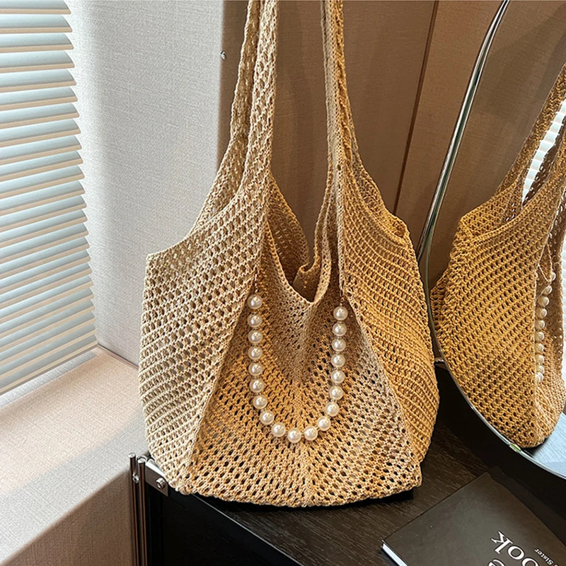 Einfarbige Strick-Umhängetasche, ausgehöhlte, vielseitige Bohemian-Häkeltasche, große Kapazität, lässige gewebte Handtasche