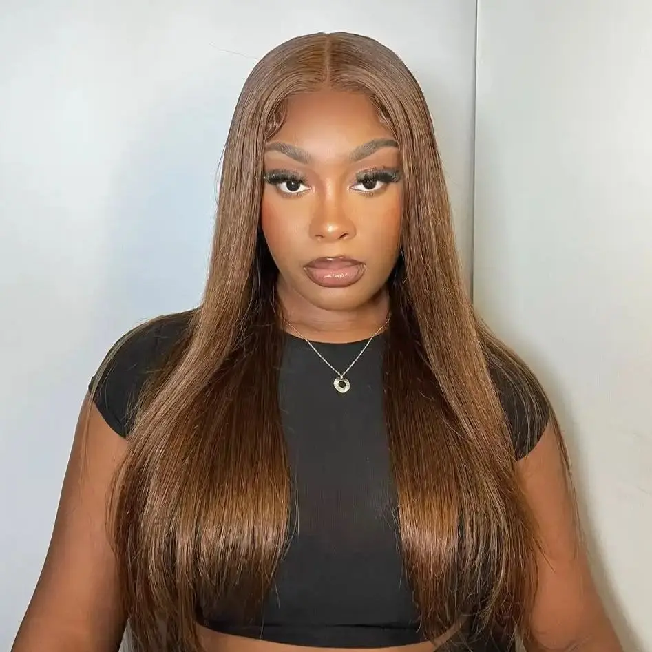 

# 4 шоколадно-коричневых прямых парика из натуральных волос Шоколадно-коричневого цвета, прямые 13x6, кружевные фронтальные парики из человеческих волос, плотность 200 для женщин