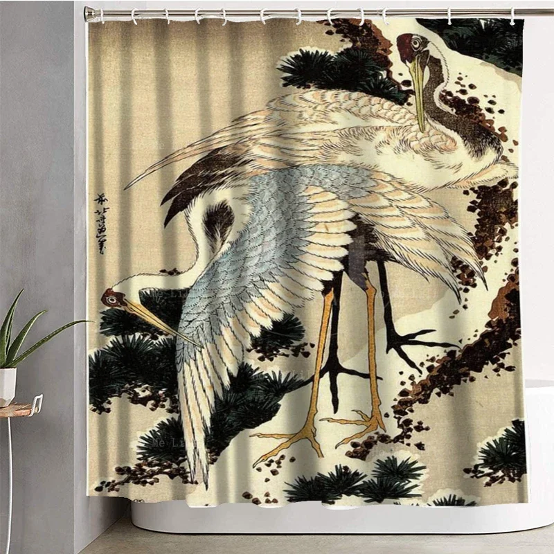 The Falling Mist Waterfall Thirty-six Views Of Fuji Ukiyo-e Retro Style Two Cranes Pine Shower Curtain By Ho Me Lili