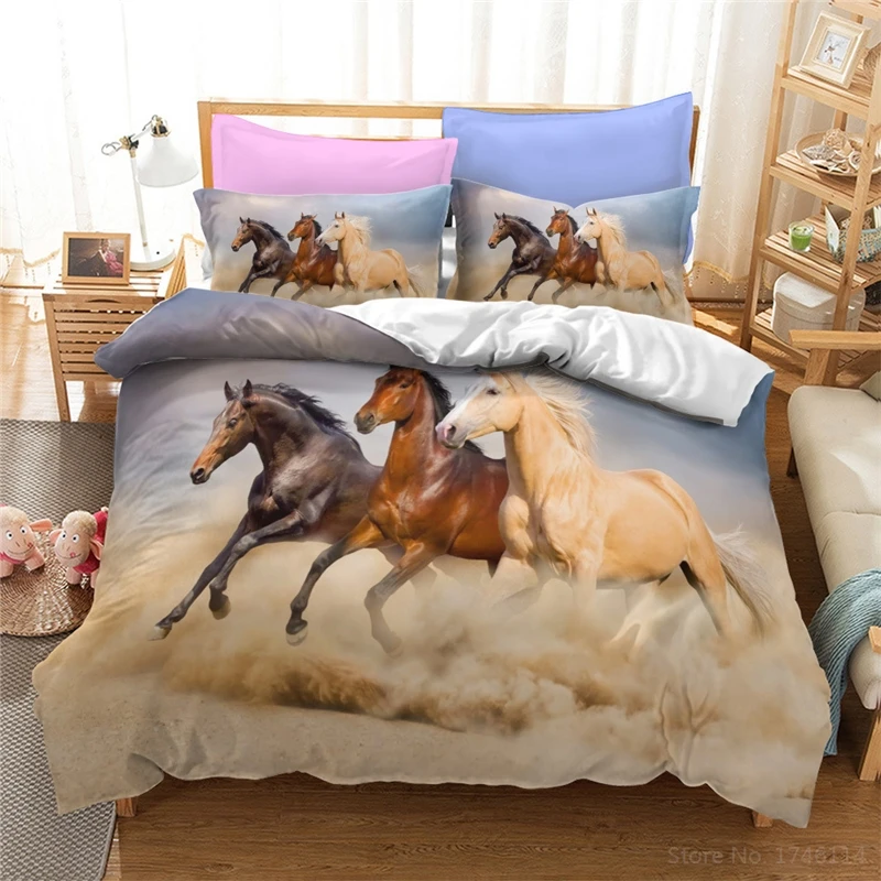 3D Running Horse Printed Bedding Set Lion Wolf Animals Duvet Cover Set Home Textile for Kids Adults Bedroom Twin Full Queen King