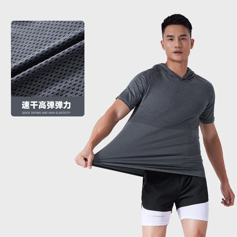 

Quick-drying Sports T-shirt for Men High Elastic Breathable Hooded Short-sleeved Top Running Fitness Training Clothes