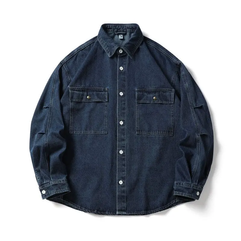 

Japanese Retro Denim Shirt Jacket Unisex Oversized Long-Sleeve Pocket Shirt Couple's Streetwear for Autumn Casual Wear