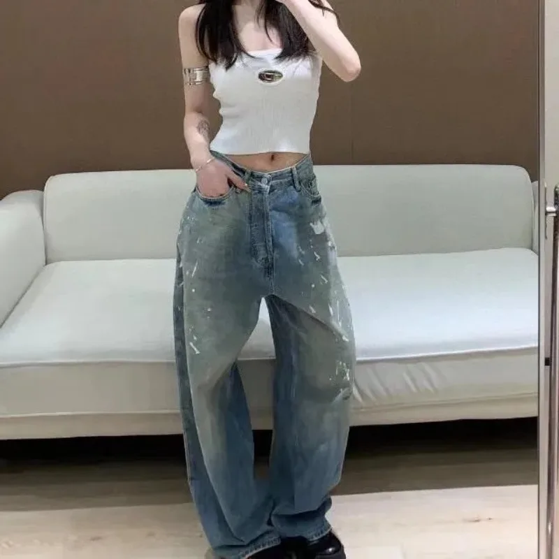 ストレートレッグジーンズ女性ルーズワイドデニムパンツヴィンテージウォッシュハイウエストレトロカジュアルコンフォートパンツ