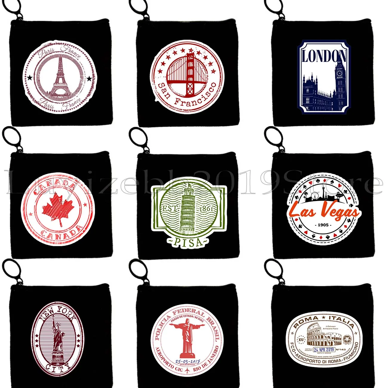 

Las Vegas New York Paris Canada Bangkok Pisa Kenya San Francisco Cairo Stamp Canvas Coin Purse Key Case Bag Wallet Zipper Pouch