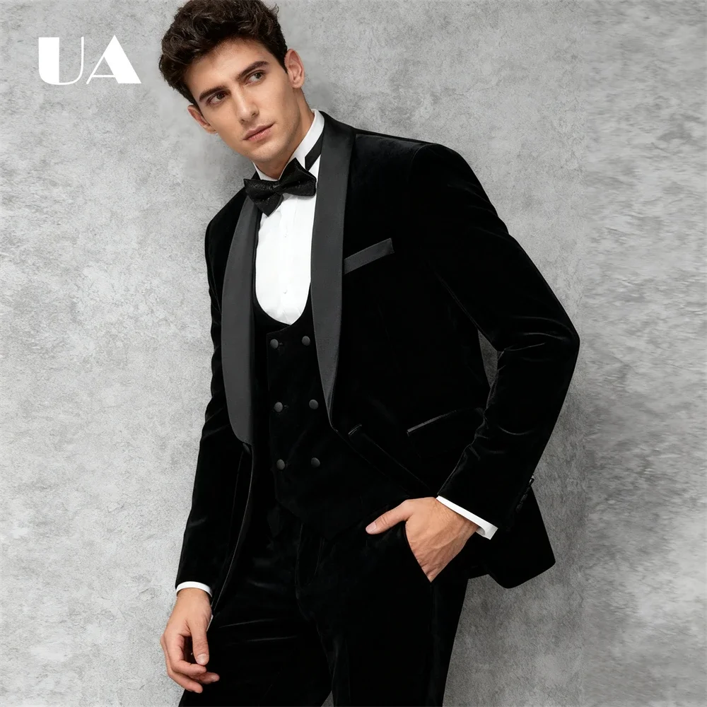 

ULBYANRY Mens Velvet 3-Piece Suit Set， Shawl Neck One Button Suit Jacket Vest Pants Autumn Winter Formal Tuxedo Wedding Groom