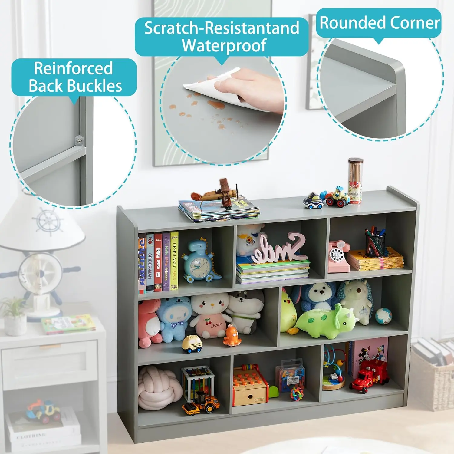 8-Section Wooden Bookcase, Storage Organizer with Anti-Tilt Device, Modern Storage Display Cabinet for Living Room, Classroom, K