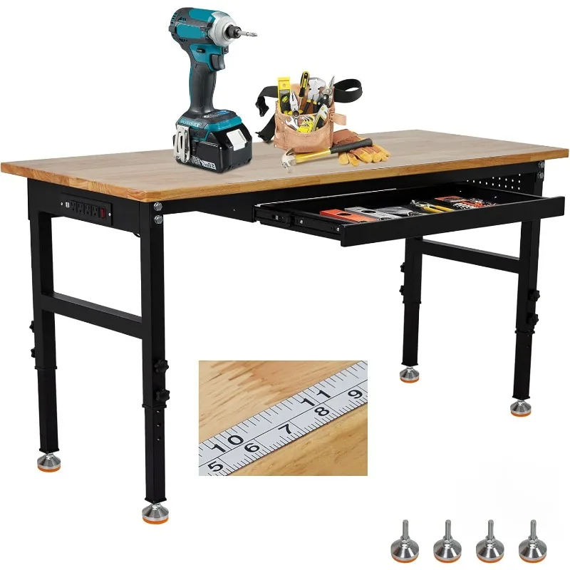 

60" Adjustable Workbench with Drawer & Power Outlet,2200 Lbs Load Capacity Capacity Work Table,Heavy Duty Work Bench,Sturdy Stee