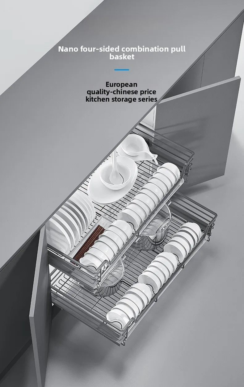 Kitchen Nano-pull Basket Double Drawer Cabinet Bowl Rack Storage Four-sided Dish Basket