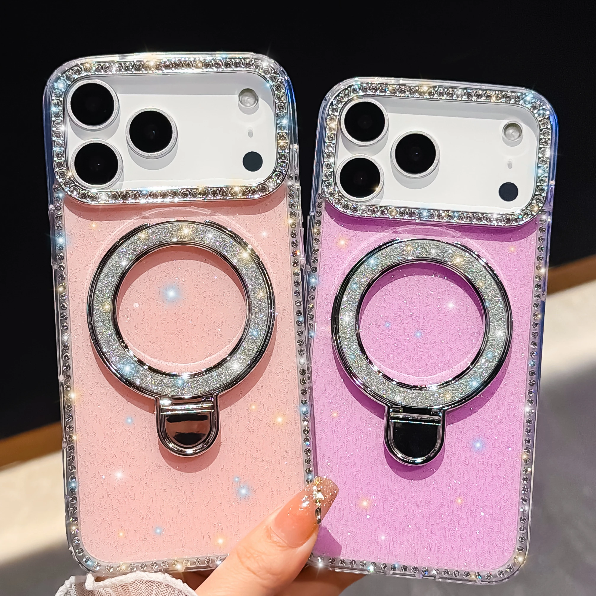 Diamant Bling Glitter Ständer Halter Magnetische Telefon Fall Für iphone 17 16 15 14 13 Pro Max 17 pro max Luxus Klar Abdeckung